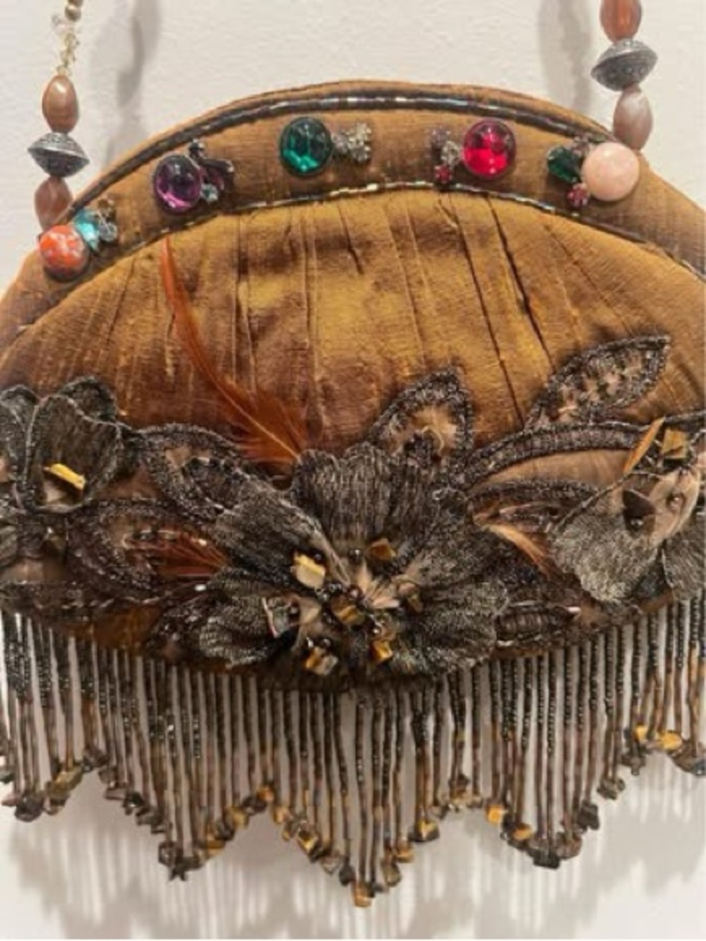 Vintage-Inspired Mary Frances Brown Beaded Fringe Evening Bag